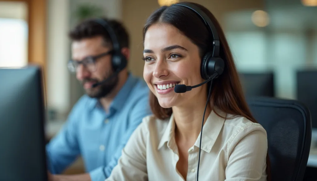 Professional contract service telemarketing operator using laptop having conversation.
